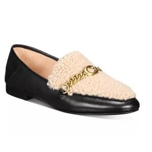 Coach Helena C Chain Loafers Leather & Shearling Black Cream Gold Size 6.5 NIB
